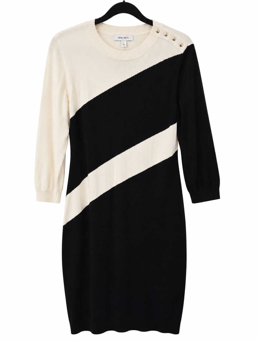 Nine West Black and Cream Diagonal Colorblock Knit Dress with Shoulder Buttons